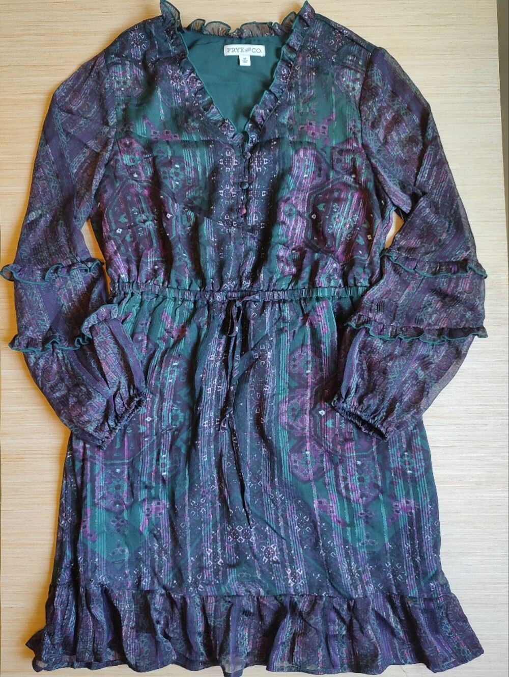Frye Knee Length Dress Ruffle Buttons Lurex Green Purple Floral Size M Women's